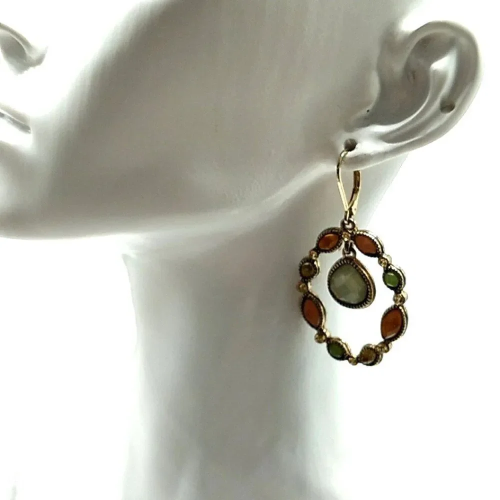 Faceted Oval Jeweled Leverback Earrings w Drop Teardrop Center